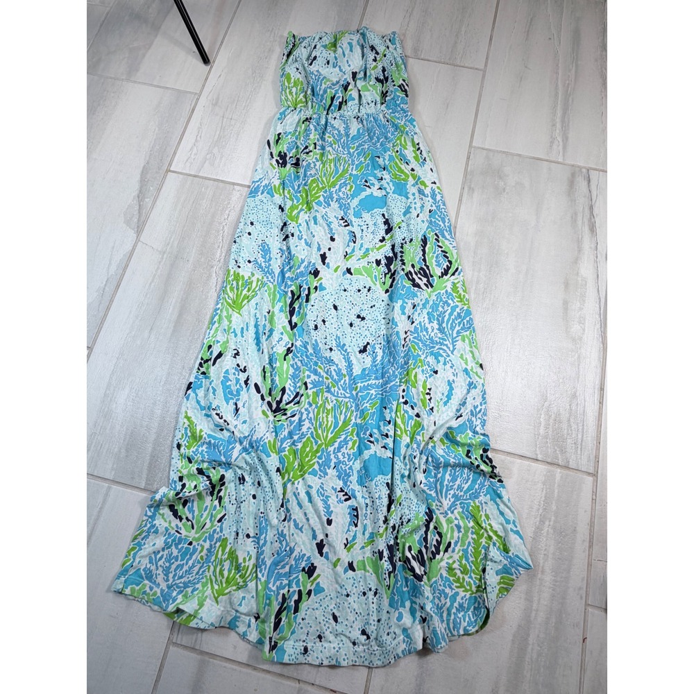 Lilly Pulitzer Blue Green Coral Print Strapless Pima Cotton Maxi Dress XS